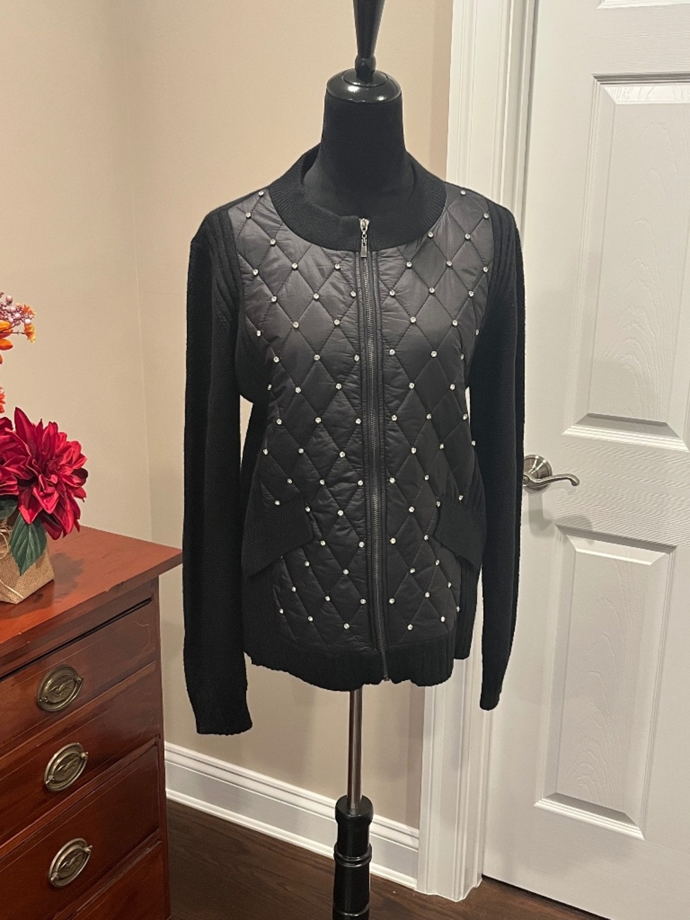 Y2K On Twelfth Black Quilted Sweater Jacket with Rhinestones XL